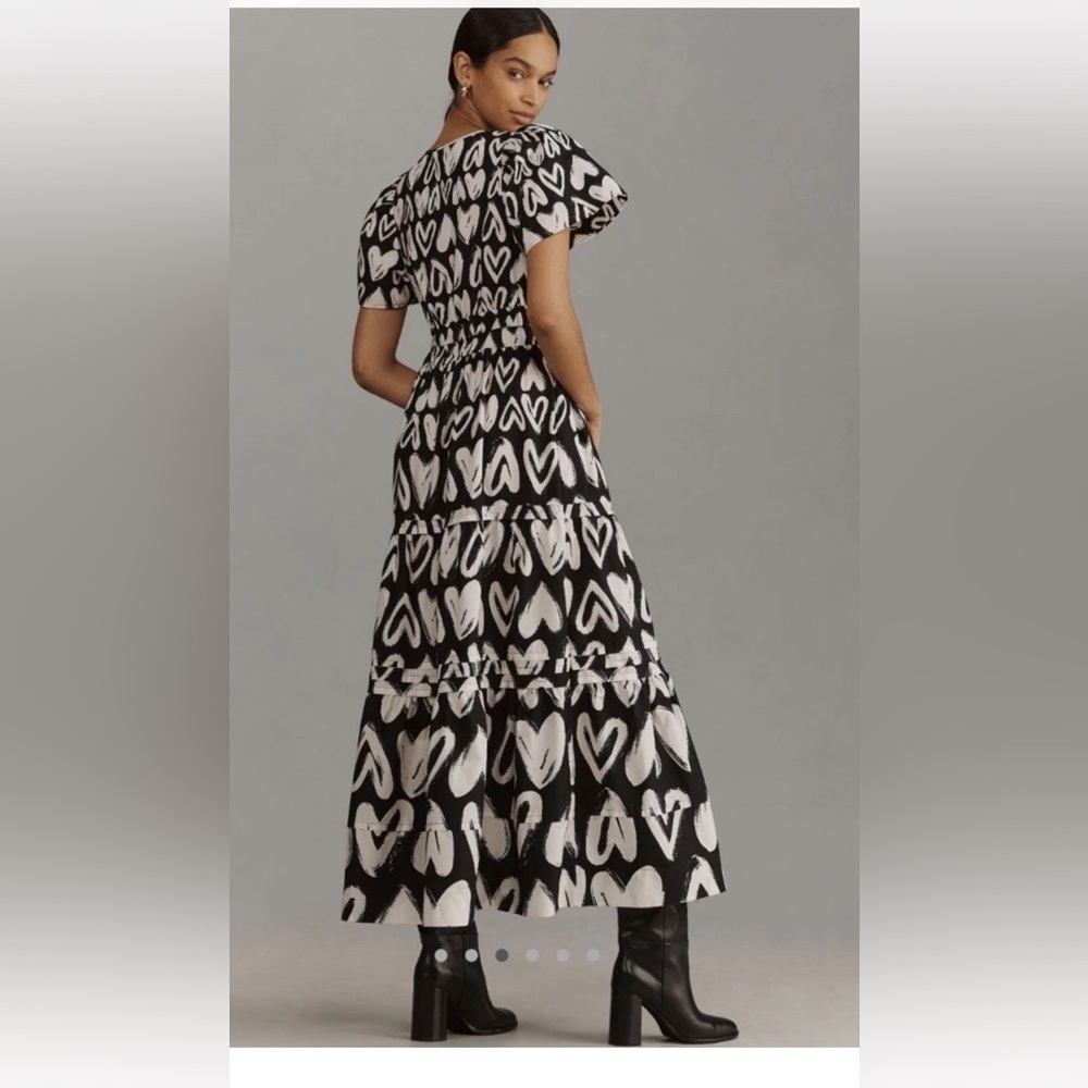 Anthropologie Maeve Somerset Black & White Heart Print Tiered Maxi Dress Medium - Picture 2 of 5